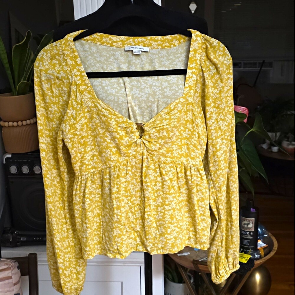 American Eagle Women’s Yellow White Floral V-Neck Long Sleeve Blouse S Ring